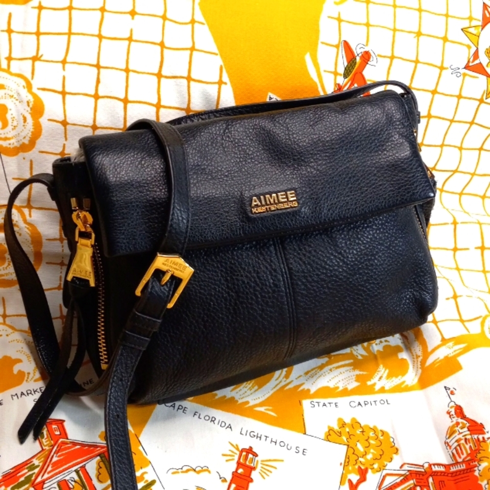 Aimee Kestenberg Bali Crossbody Bag Black Soft Leather Double Entry Gold Zippers